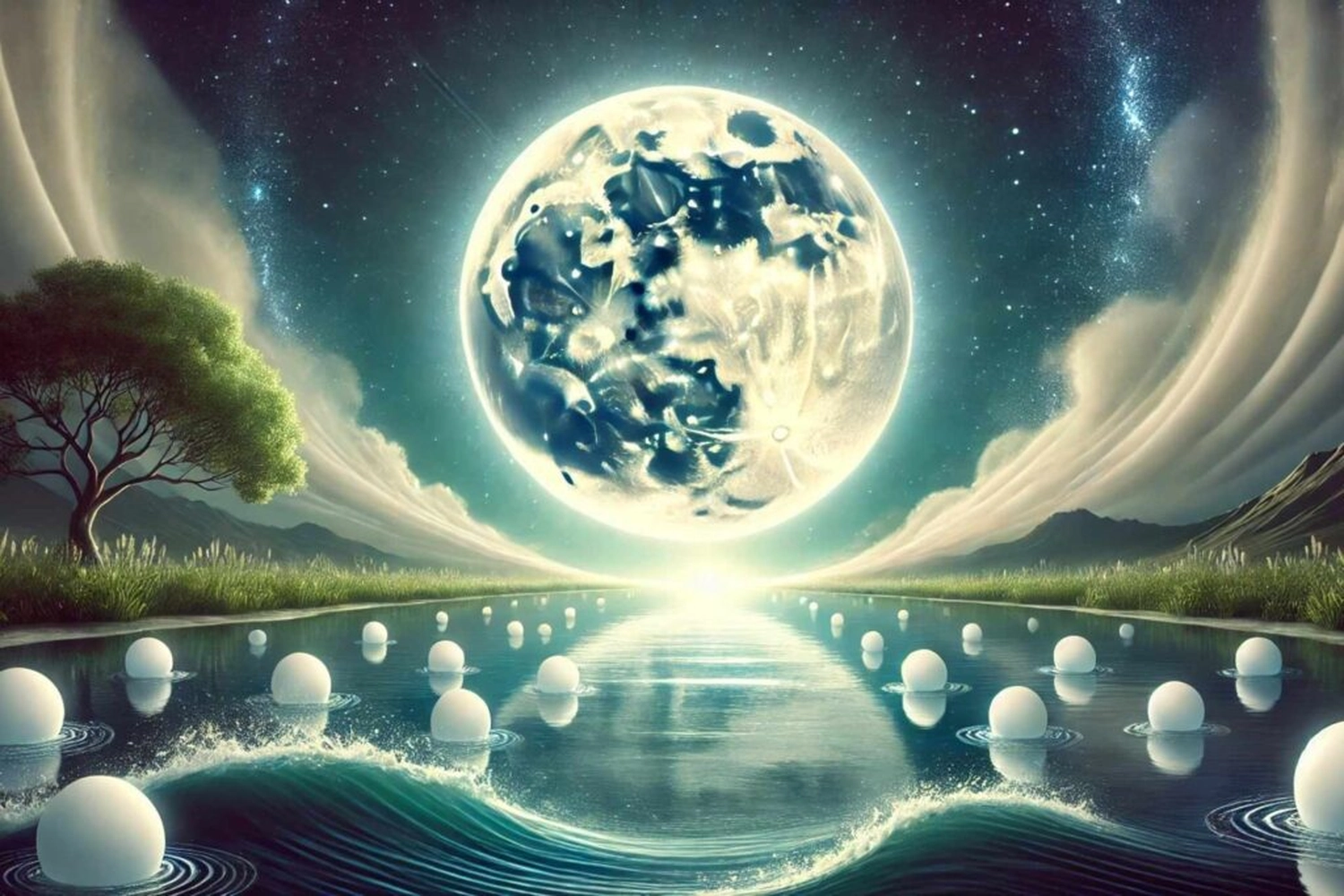 Liveadvice – digitale Kunst, die eine surreale Fantasielandschaft mit einem großen Vollmond über einem Gewässer darstellt